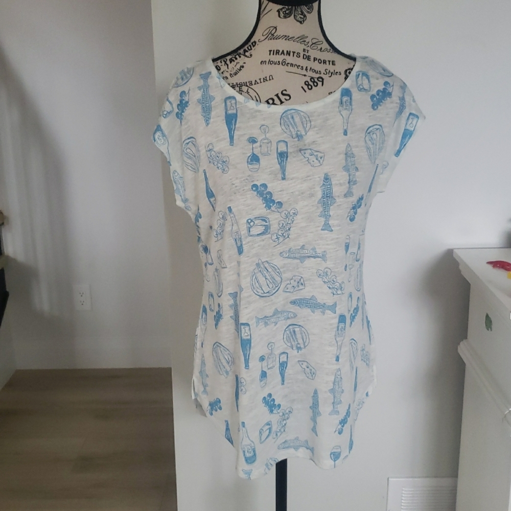 CYNTHIA ROWLEY | Women's Blue/White Linen Blend Food/Wine Cap Sleeved T-Shirt